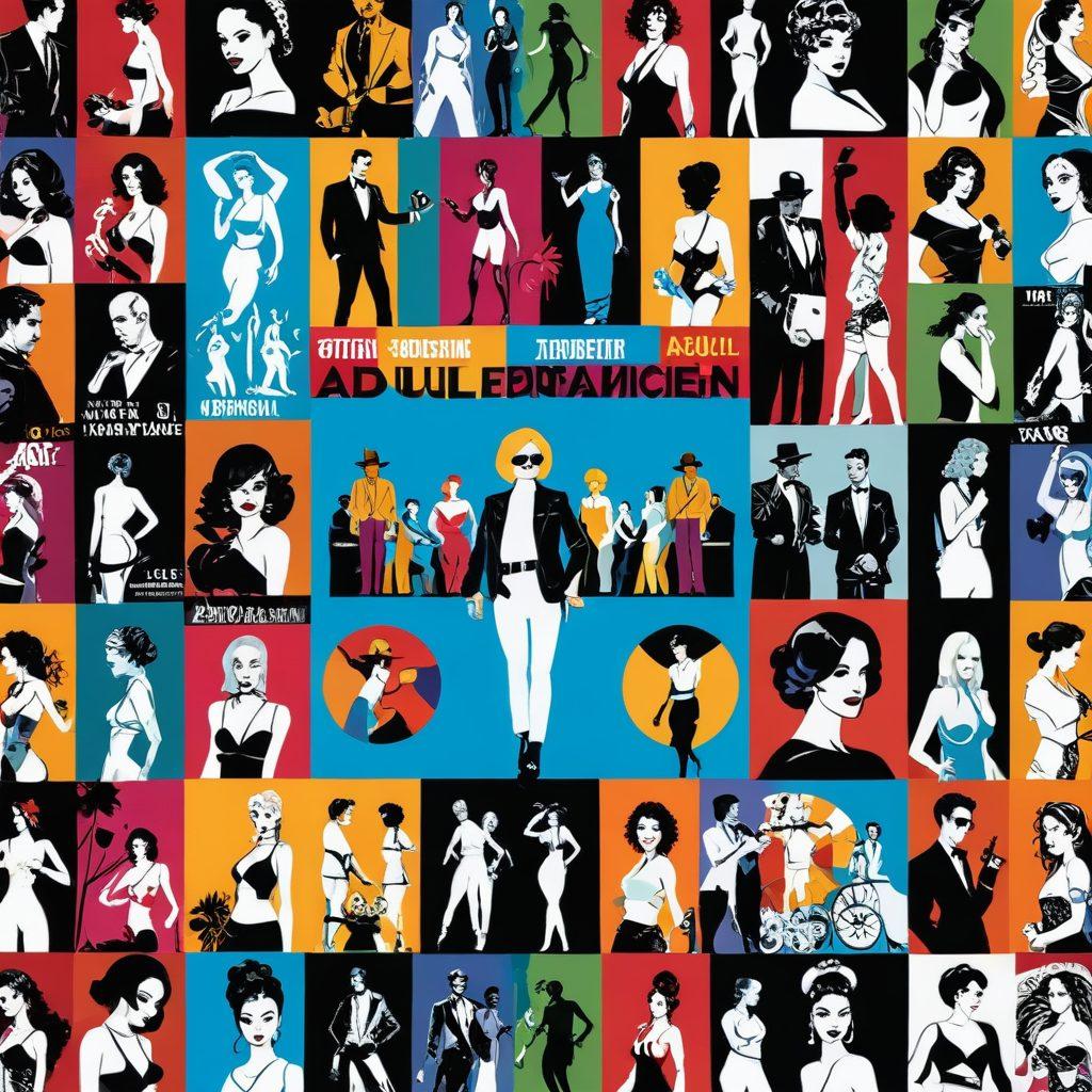 A visually striking timeline illustration showcasing the evolution of adult entertainment, featuring iconic imagery from different decades, juxtaposed against a background representing societal attitudes, like a film reel winding through time with shadows of stigma transforming into bright stardom. Include diverse representations of adult entertainers in various styles, blending elements of pop culture. vibrant colors. 3D. creative collage.